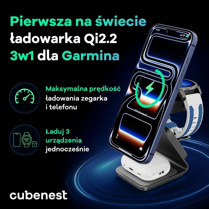 Cubenest Qi2.2 Magnetyczna bezprzewodowa ładowarka 3w1 SQ314 Pro Garmin Watch