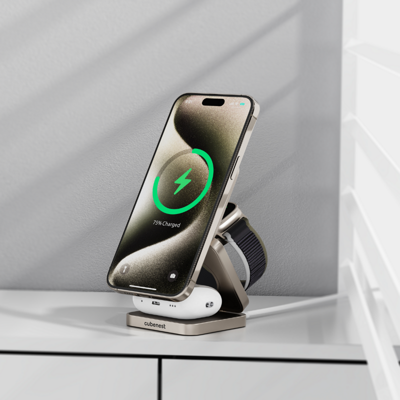 Cubenest Qi2.2 Składana magnetyczna bezprzewodowa ładowarka 3w1 SQ312 Pro tytan