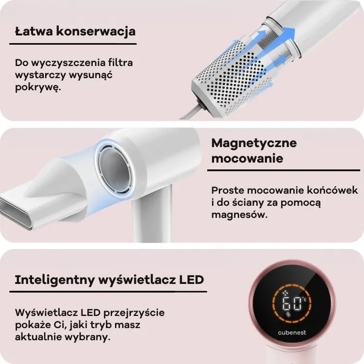 Cubenest Suszarka do włosów SwiftDry SDHD01 różowa